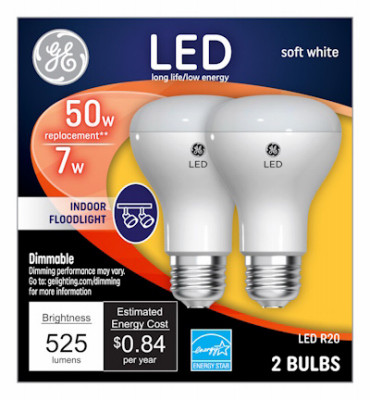 LED Directional Light Bulb, R20, Soft White, Clear Bulb, 525 Lumens, 7 Watt, 2-Pk.