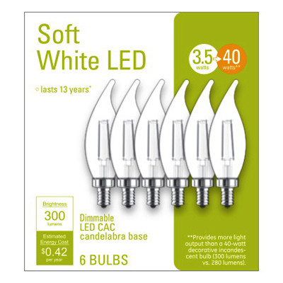 LED Deco Light Bulb, Soft White, Candelabra Base, 4 Watt, 6-Pk.