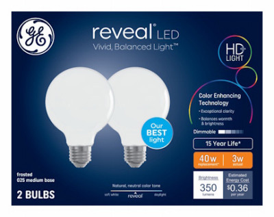 Reveal LED Decorative Globe Light Bulbs, Medium Base, 3 Watt, 2-Pk.