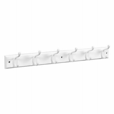 Hook Rack, 6 White Hooks on White Rail, 27 In.