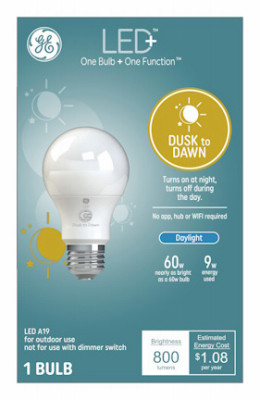 LED Dusk to Dawn Light Bulb, A19, Outdoor Use, 9 Watt
