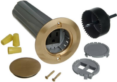 Single Gang Drop-In Floor Electrical Box Kit, Low Voltage, Brass Cover