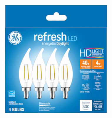 Refresh HD LED Candelabra Light Bulbs, Clear, Daylight, 300 Lumens, 4 Watt, 4-Pk.