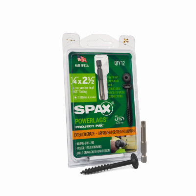 1/4" x 2-1/2" Exterior Washer Head Structural Wood Lag Screws  Powerlags Torx T-Star (12 EA)