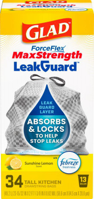 Glad ForceFlex MaxStrength LeakGuard Tall Kitchen Trash Bags, 13 Gal, Sunshine Lemon Scent, 34 Ct