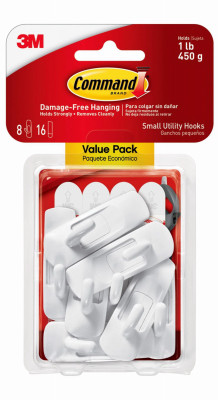 Small Hooks, White, 8 Hooks/16 Strips Value Pack