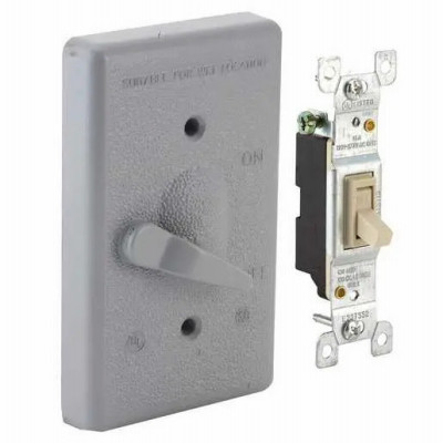 1-Gang Weatherproof Switch Cover, Vertical, Toggle Single Pole 125V, 15A Switch Included, Gray