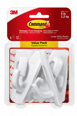 Large Hooks, White, 6 Hooks/12 Strips Value Pack