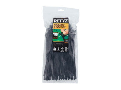 EveryTie Releasable/Reusable Cable Ties, Black, 8 In., 100-Pk.