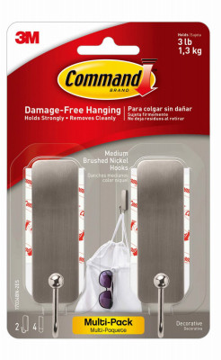 Medium Brushed Nickel Hooks, 2 Hooks/4 Strips