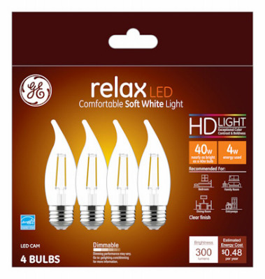 LED Chandelier Light Bulbs, Candle Shape, Clear Soft White, 300 Lumens, 4 Watt, 4-Pk.