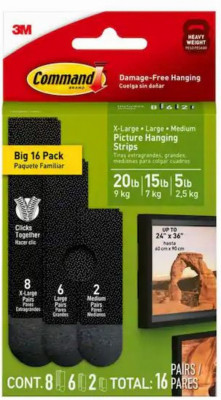 Picture Hanging Strip Mixed Pack, Black, 16 Pairs