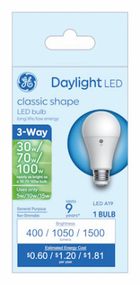 LED 3-Way Light Bulb, A19 Medium Base, Daylight, 5/10/15 Watt