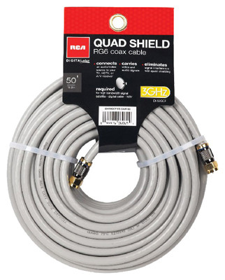 RG6 Coaxial Cable, 18 AWG Gray Quad Shield, 50 Ft.