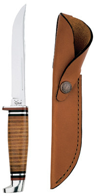 Hunter Knife, With Leather Handle & Sheath, 5-In. Swept Skinner Stainless Steel Blade, 9-1/2-In. Overall Length