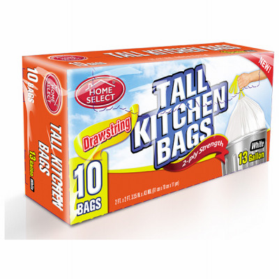 Drawstring Tall Kitchen Trash Bags, White, 13 Gallons, 10-Ct.