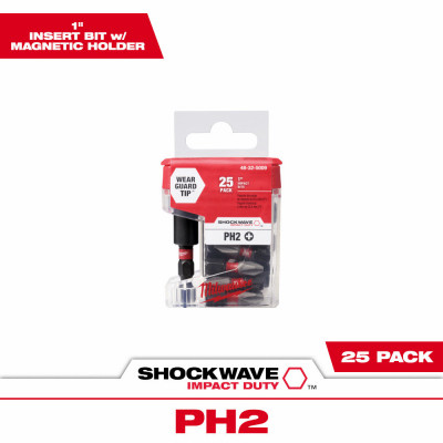 Shockwave #2 Phillips Insert Bit & Magnetic Bit Tip Holder, 25-Pk.