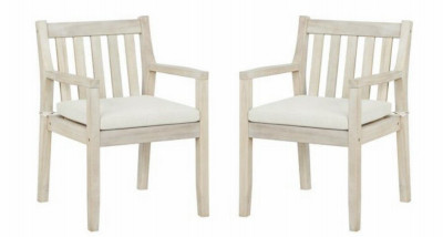 Set of 2 Svana Wood Dining Arm Chairs, Beige Cushions