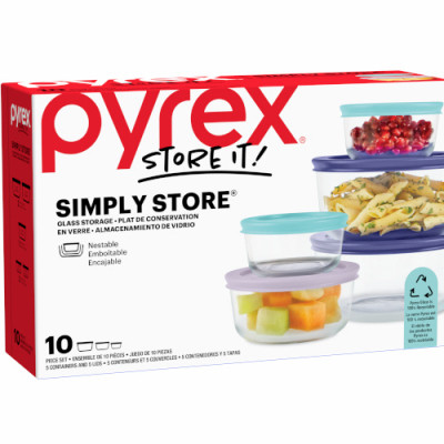 Pyrex Simply Store Glass Storage Bakeware Set with Assorted Colored Lids (10-Piece)