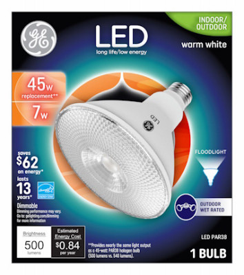 LED Floodlight Bulb, Bright White, Clear, Par38, 500 Lumens, 7 Watt