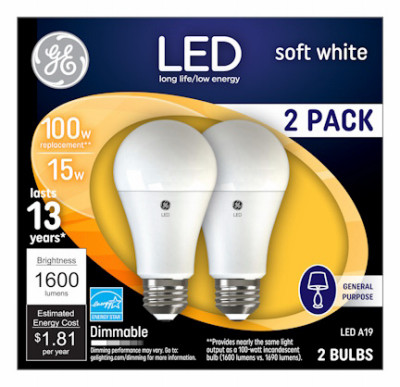 LED Light Bulbs, Soft White, Dimmable, 1600 Lumens, 15 Watt, 2-Pk.