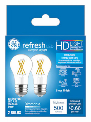 HD+ Refresh LED Ceiling Fan Bulbs, Clear, A15, Medium Base, 5.5 Watt, 2-Pk.