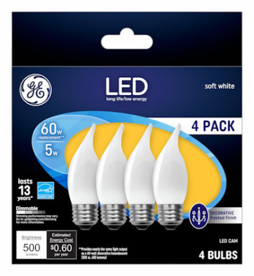 LED Flame Shape Light Bulb, Medium Base, Warm White, Frosted, 5 Watt, 4-Pk.
