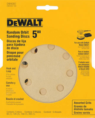 Hook-and-Loop Random Orbit Sandpaper, 5 In., 8-Hole, Assorted Grit, 5-Pk.