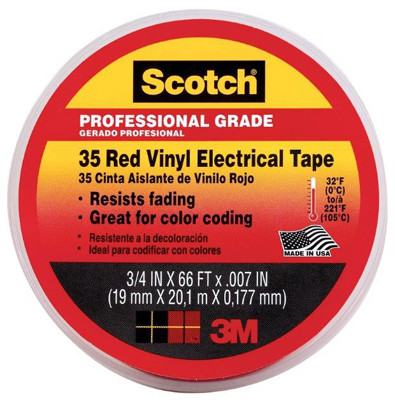 Vinyl Electrical Tape, Professional-Grade, Red, .75 In. x 66 Ft.