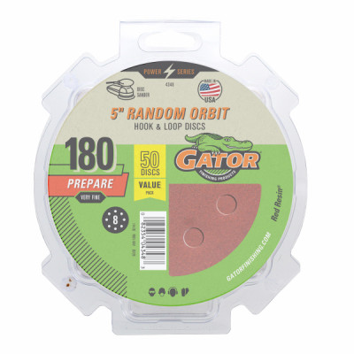 Random Orbit Sanding Discs, Hook & Loop, 8 Holes, 180 Grit, 5 In., 50-Pk.