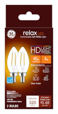 Relax Decorative HD LED Light Bulbs, Soft White, Clear, Candelabra Base, 300 Lumens, 4 Watt, 2-Pk.