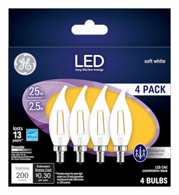 Decorative LED Light Bulbs, Candelabra Base, Soft White, Clear, 200 Lumens, 2.5 Watt, 4-Pk.