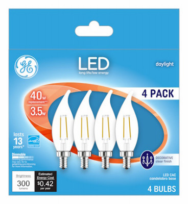 Decorative LED Light Bulbs, Candelabra Base, Daylight, Clear, 300 Lumens, 3.5 Watt, 4-Pk.