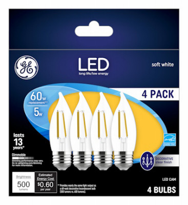 Decorative LED Light Bulbs, Soft White, CAM, Clear, Dimmable, 500 Lumens, 5 Watt, 4-Pk.