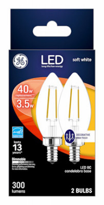 Decorative LED Light Bulbs, Candelabra Base, Soft White, Clear, Dimmable, 300 Lumens, 3.5 Watt, 2-Pk.