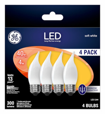 Decorative LED Light Bulbs, Frosted, Candelabra, 3.5 Watt, 300 Lumens, 4-Pk.