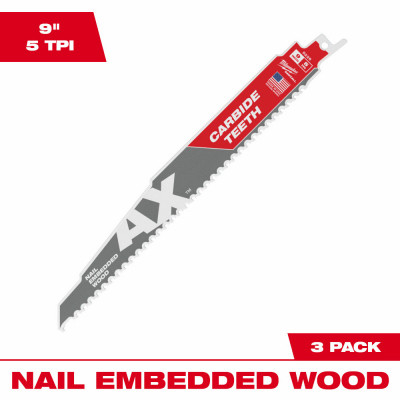 Sawzall The Ax Reciprocating Saw Blades, Carbide Teeth, 5 TPI, 9 In., 3-Pk.