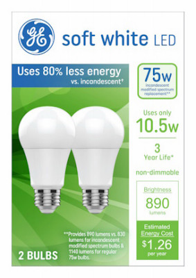 LED Light Bulbs, Soft White, A19 Shape, Medium Base, 10.5 Watts, 2-Pk.