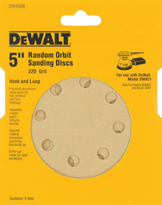 Hook-and-Loop Random Orbit Sandpaper, 5 In., 8-Hole, 220-Grit, 5-Pk.