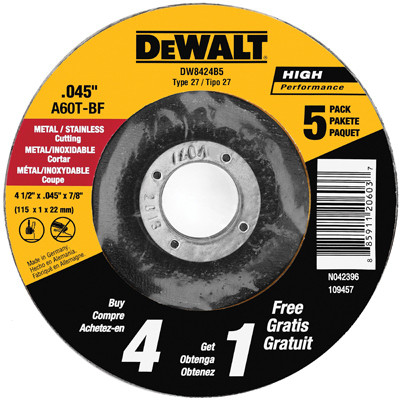 Metal Cutting Wheel, .045 x 7/8 x 4-1/2 In., 5-Pk.