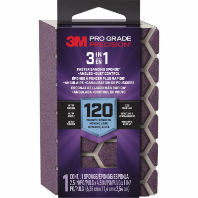 Pro Grade Precision 3-in-1 Sanding Sponge, Medium 120 Grit, 2.5 x 4.5 x 1 In.