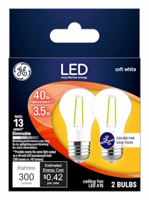 Ceiling Fan LED Light Bulbs, Soft White, Clear, Dimmable, 300 Lumens, 3.5 Watt, 2-Pk.