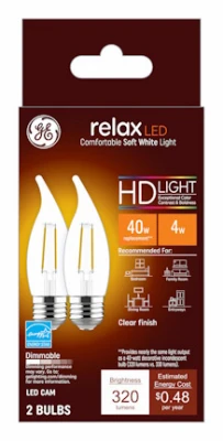 Relax HD Decorative LED Light Bulbs, Soft White, Clear, Dimmable, 320 Lumens, 4 Watt, 2-Pk.
