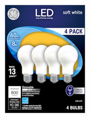 LED Light Bulbs, Soft White, 8 Watt, 800 Lumens, 4-Pk.
