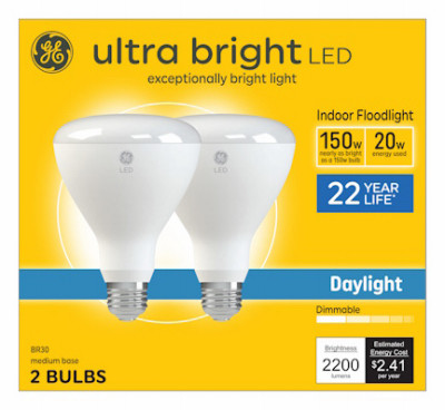 Ultra Bright LED Light Bulb, Daylight, Frosted, BR30 Medium Base, 20 Watt, 2-Pk.