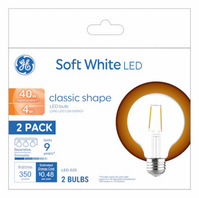 LED Globe Light Bulbs, Clear, 4 Watt, 2-Pk.