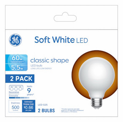 LED Globe Light Bulbs, White, 5.5 Watt, 2-Pk.