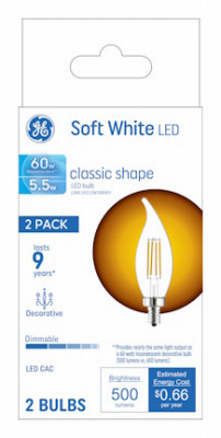 LED Candle Shape Light Bulbs, CAC, Clear, Candelabra Base, 5.5 Watt, 2-Pk.
