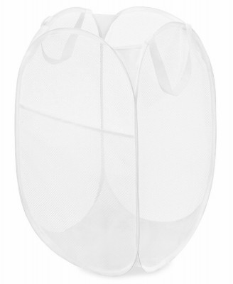 Pop & Fold Laundry Hamper, White Mesh Fabric, Wire Frame, Collapsible