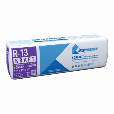 R-13 Unfaced Fiberglass Insulation Batt, 15 x 93 In.